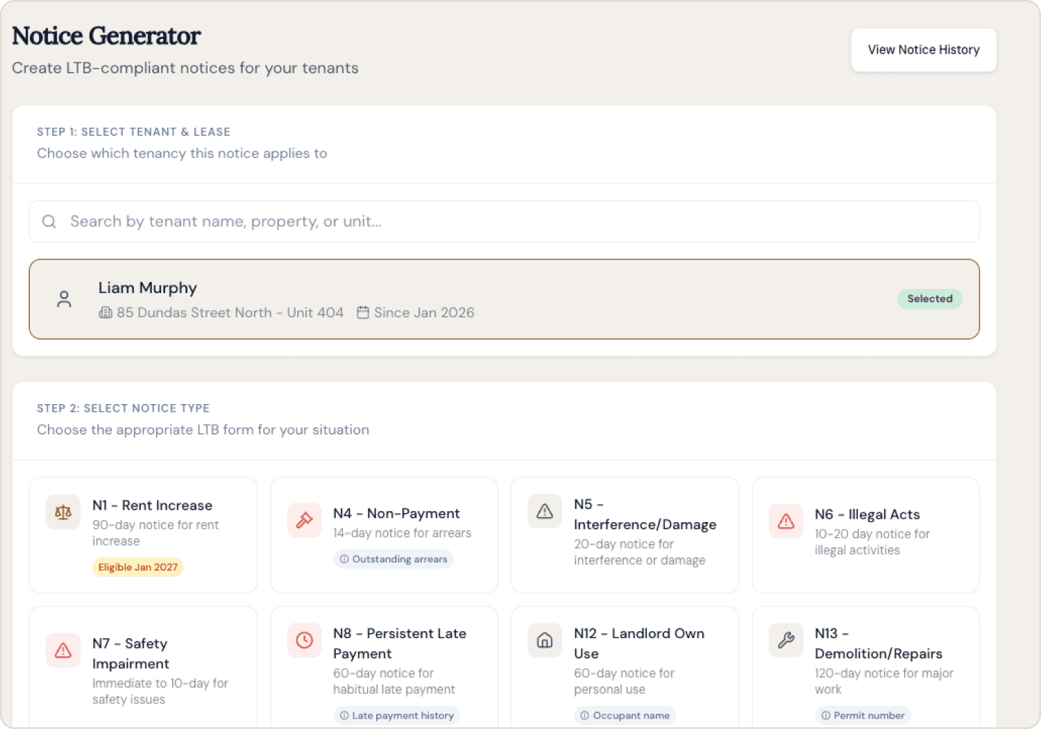 Notice generator — select a tenant and the right LTB notice type