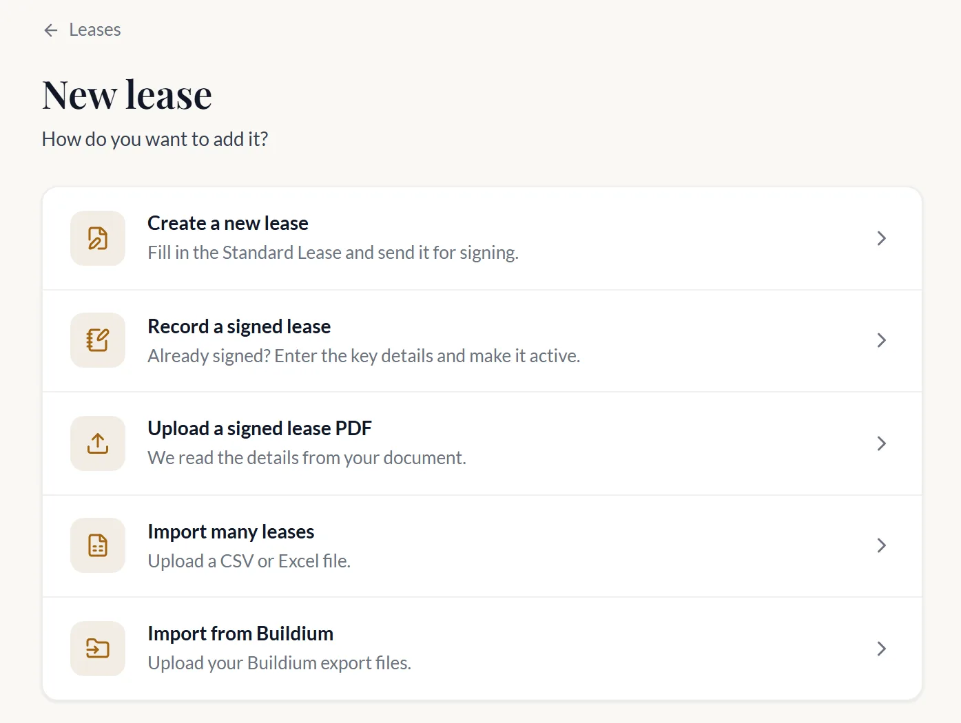 New lease options in OntarioLandlord: create a Standard Lease, record a signed lease, upload a PDF, or import from Buildium