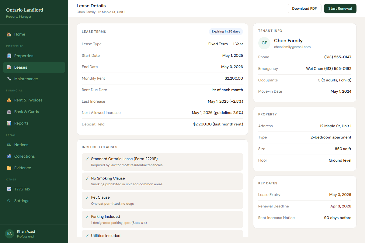 Ontario Standard Lease compliance checker showing automatic validation of all 6 mandatory RTA clauses for landlord compliance verification