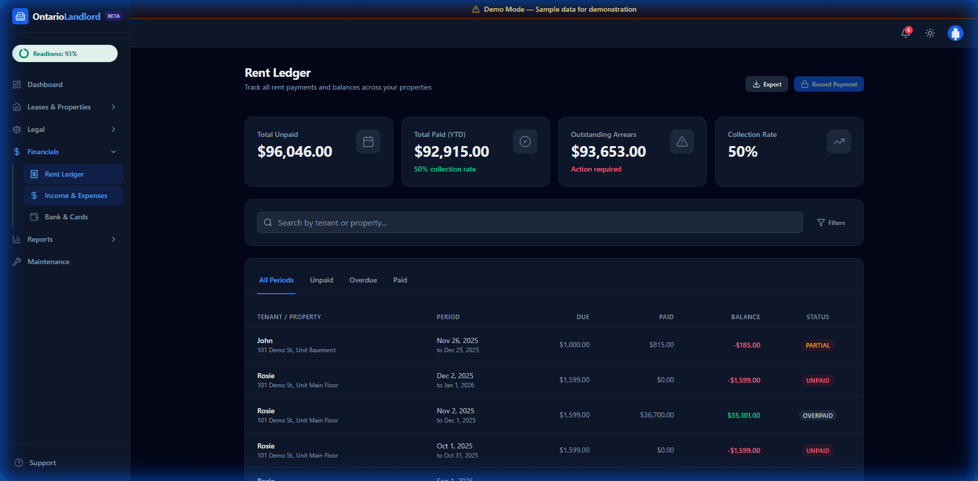 Ontario landlord rent ledger showing automatic arrears calculation, payment tracking, and LTB-ready export formatting